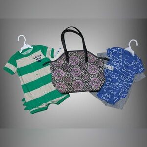 Carter's Green Striped and Blue Shark Romper with Grey Top and Shorts and Bag